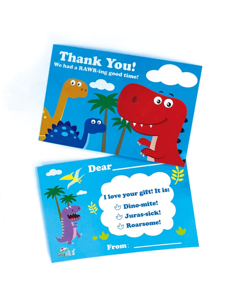 TINYMILLS Dinosaur Birthday Fill In The Blanks Thank You Cards with Envelopes Set (Pack of 25) Premium Double Sided Cardstock Notes Birthday Thank You Cards - Image 1